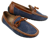 Herr Slip On Denim Läder Spets Mockasin Skor Smart Casual Italiensk Brun Marinblå