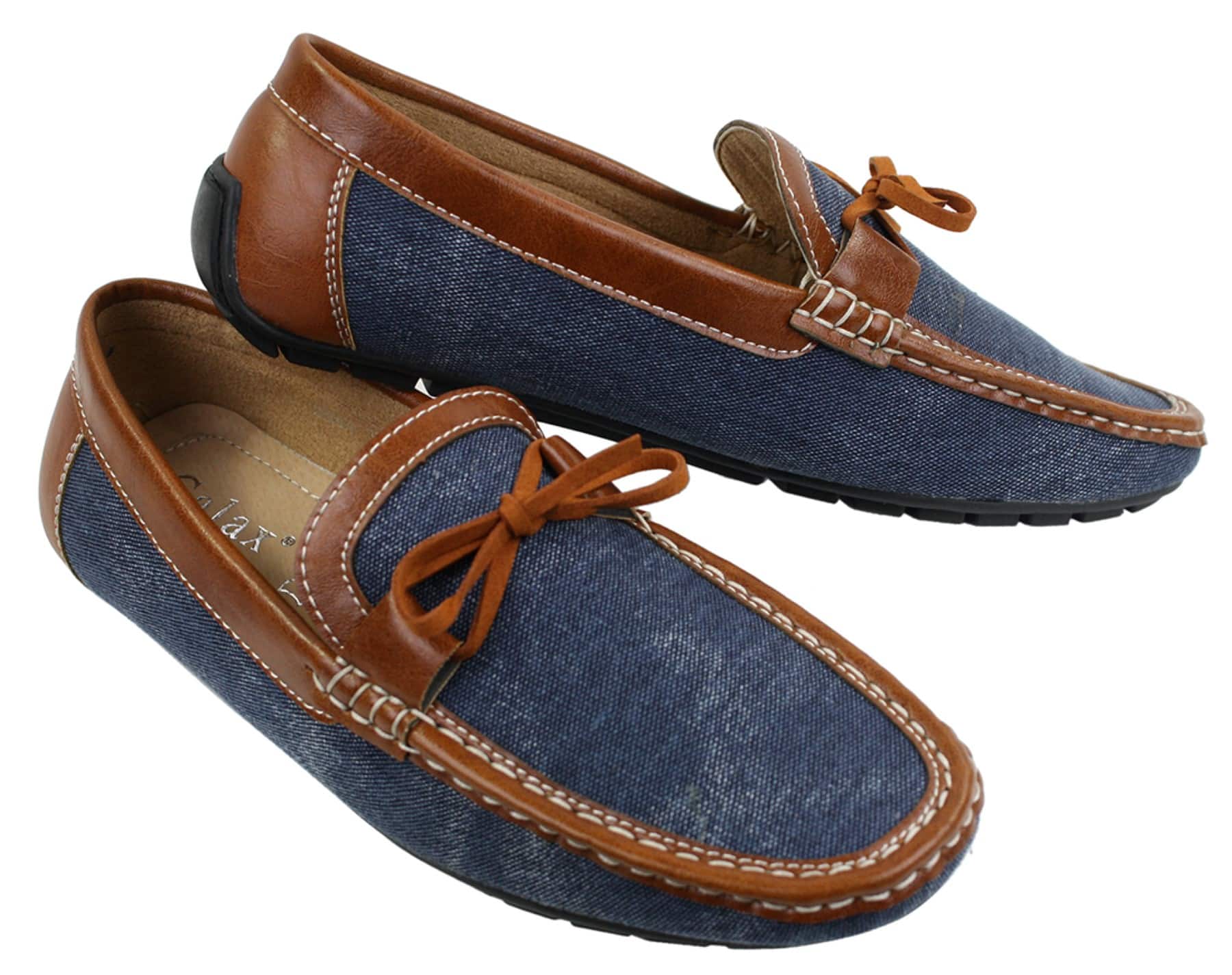 Herr Slip On Denim Läder Spets Mockasin Skor Smart Casual Italiensk Brun Marinblå