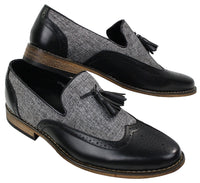 Herrloafers i tweed och läder med slip-on-mönster, vintage- och retrostil