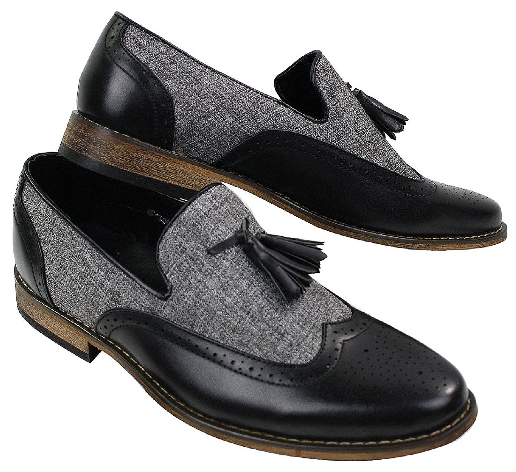Herrloafers i tweed och läder med slip-on-mönster, vintage- och retrostil