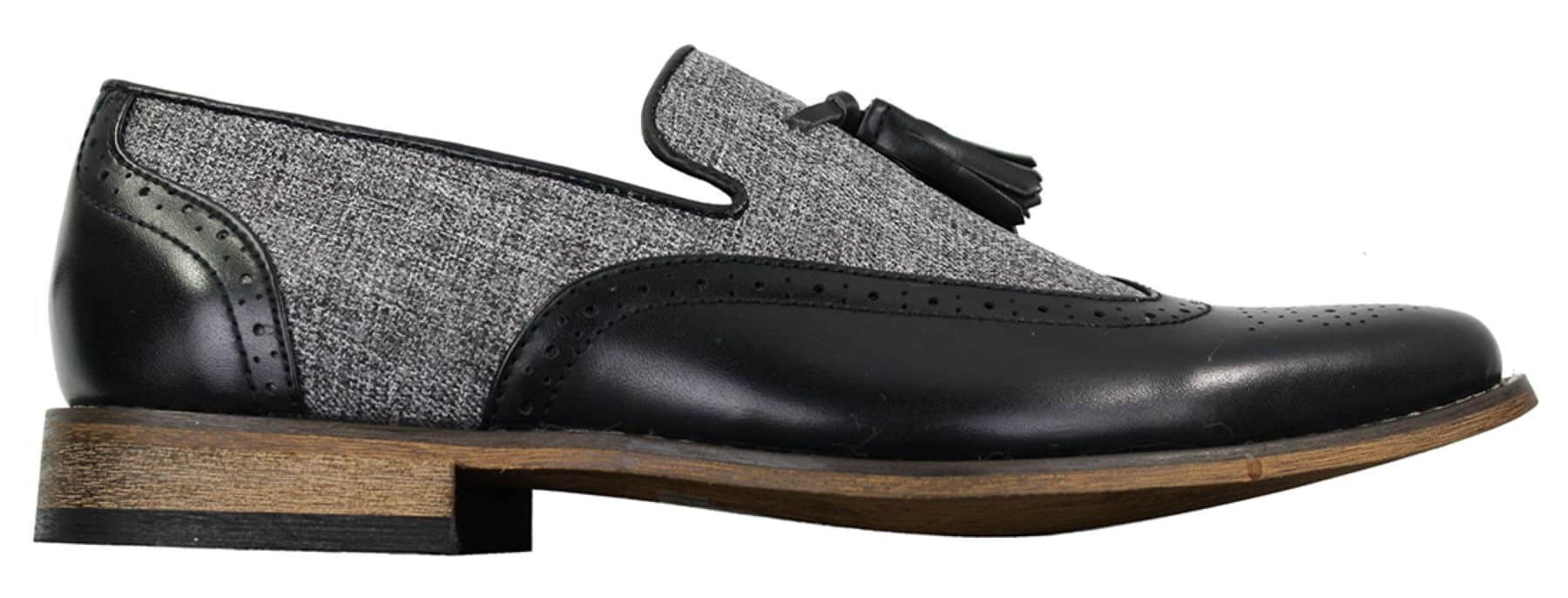 Herrloafers i tweed och läder med slip-on-mönster, vintage- och retrostil