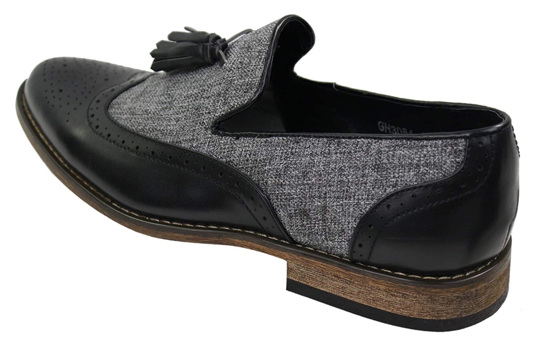 Herrloafers i tweed och läder med slip-on-mönster, vintage- och retrostil