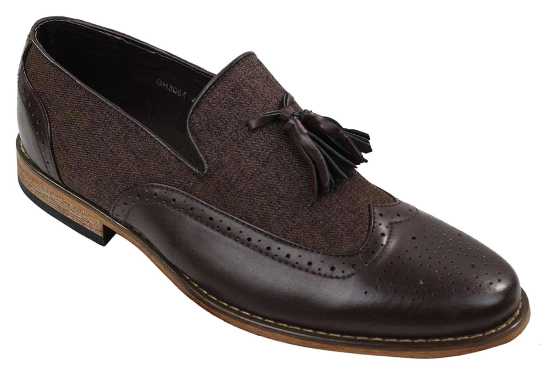 Herrloafers i tweed och läder med slip-on-mönster, vintage- och retrostil