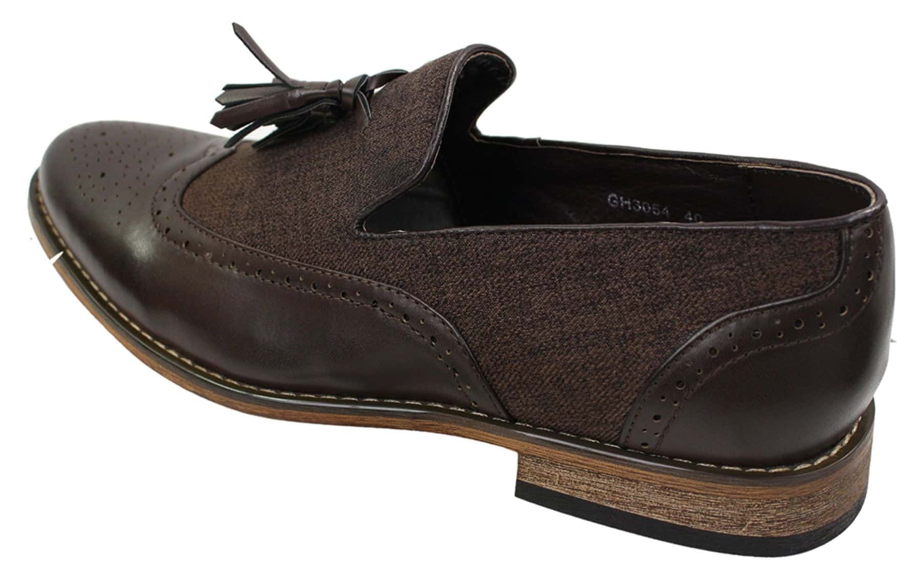 Herrloafers i tweed och läder med slip-on-mönster, vintage- och retrostil