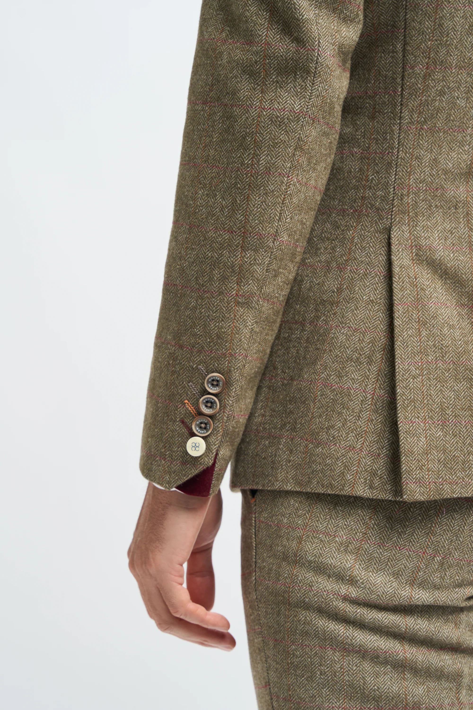Herrkostym i tweed, olivgrön rutig