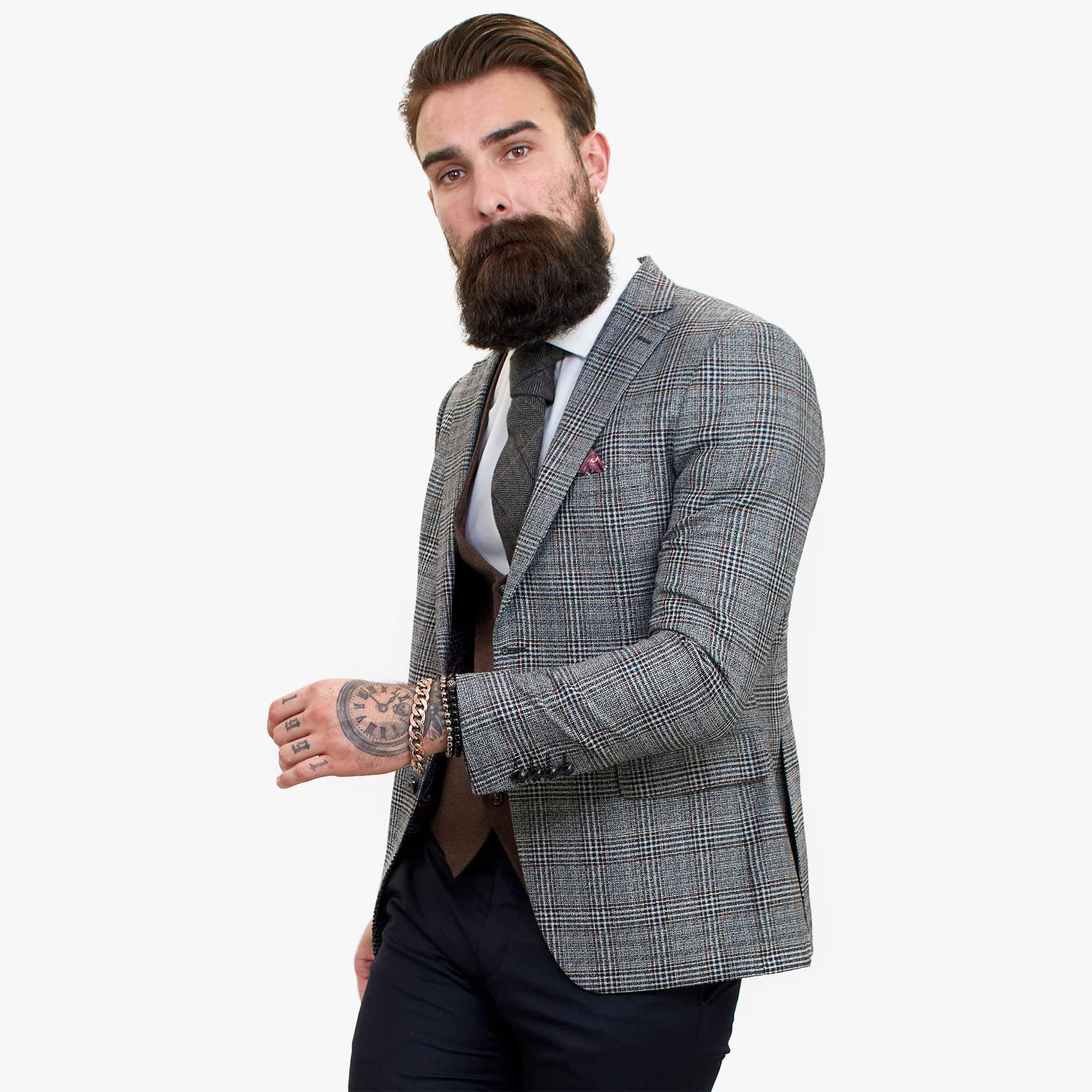 Happy Gentleman ELEGANTE ullkostym i tre delar med kontrasterande brun väst