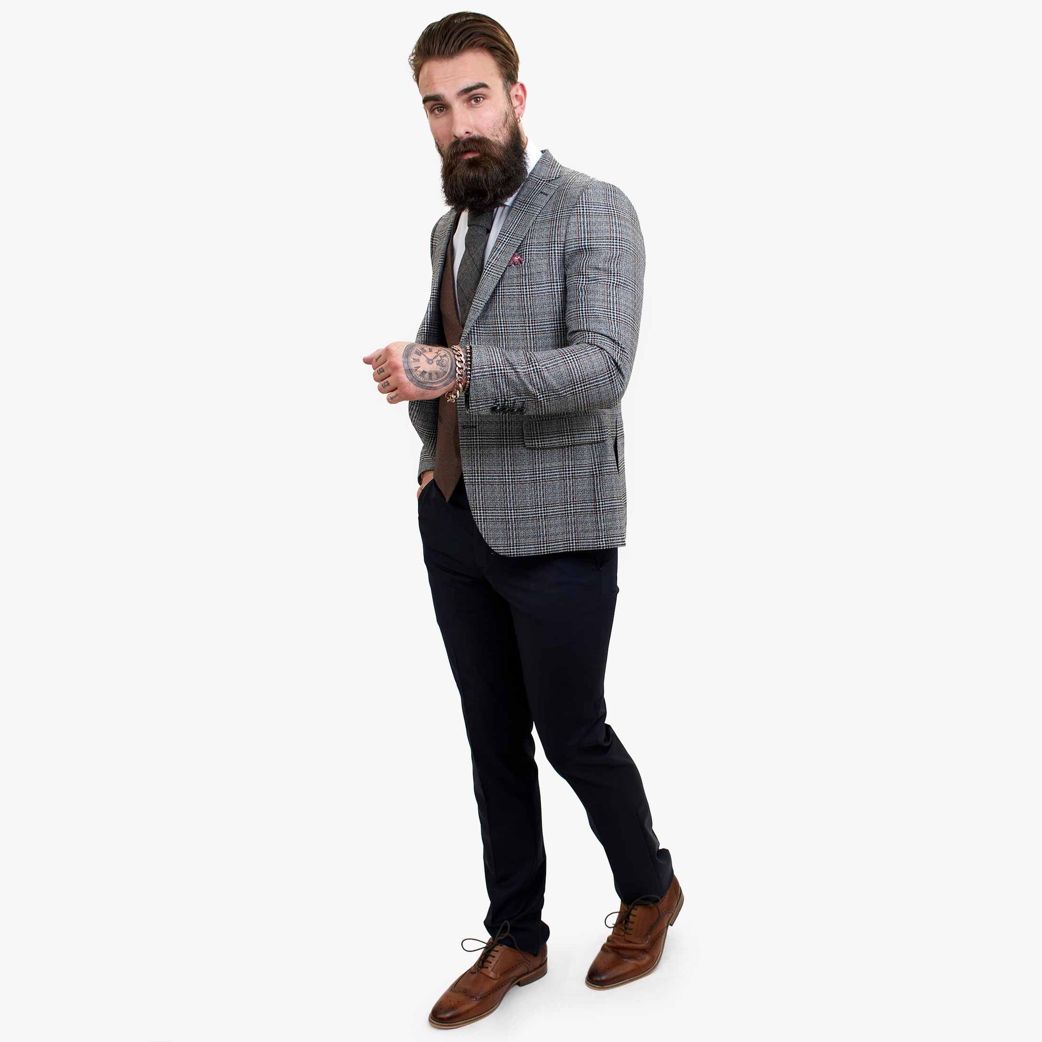 Happy Gentleman ELEGANTE ullkostym i tre delar med kontrasterande brun väst