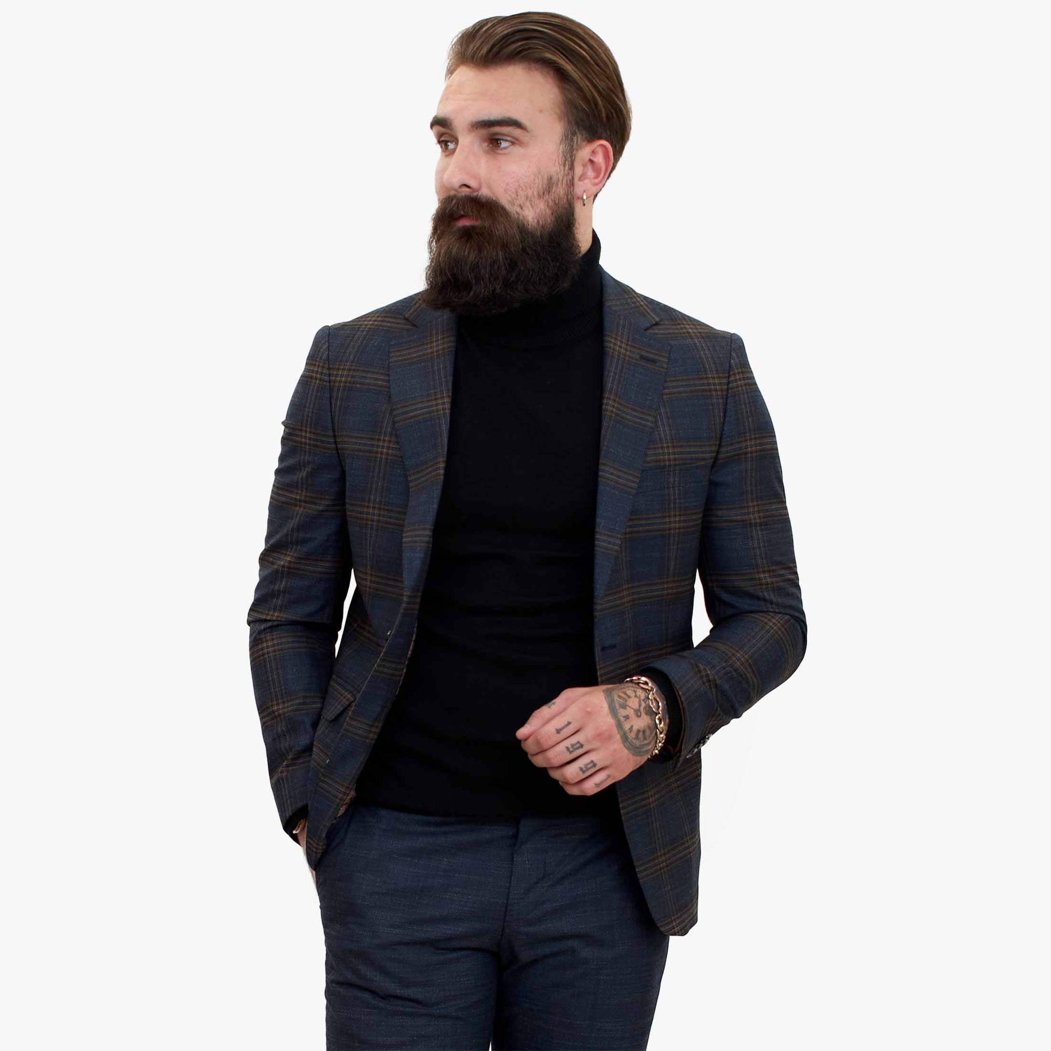Happy Gentleman GRAZIE Marinblå ullkostym i tre delar med kontrasterande brun väst