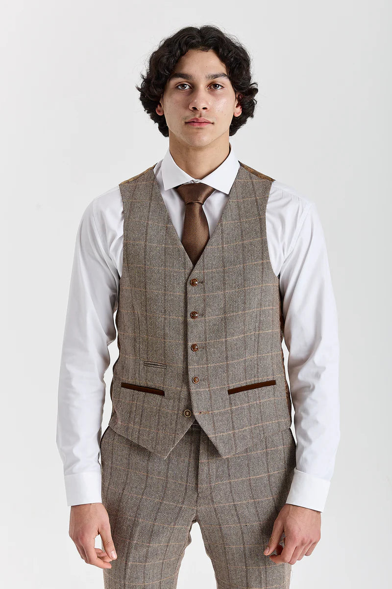 Harris - Tweed Brun Fiskbensrutig Väst för Herrar