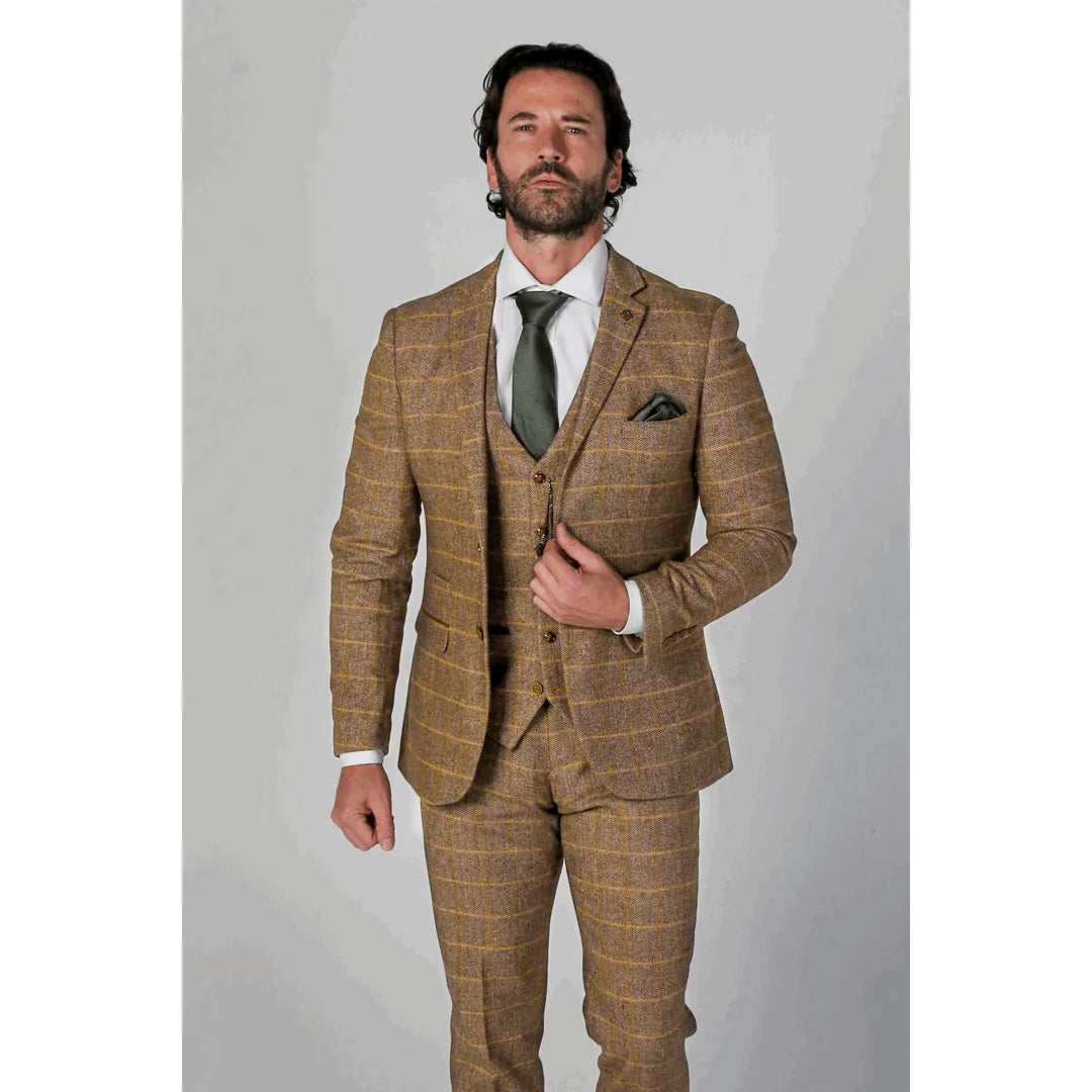 Harris herrkostym i brunt tredelat tweedtyg med klassisk vintagestil