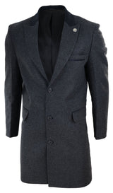 Fiskbensmönstrad Tweed 3/4 Lång Överrock - Antracitgrå