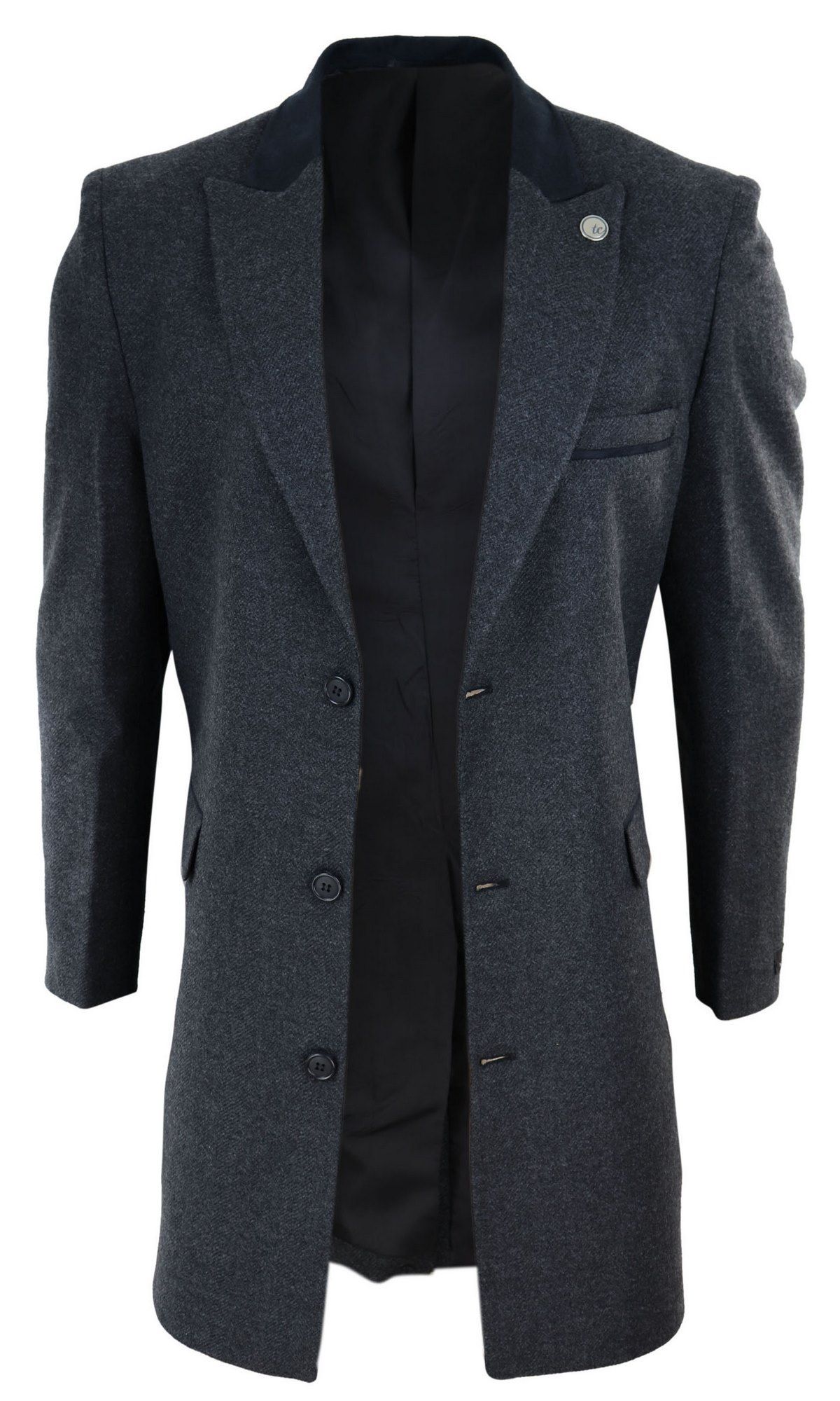 Fiskbensmönstrad Tweed 3/4 Lång Överrock - Antracitgrå