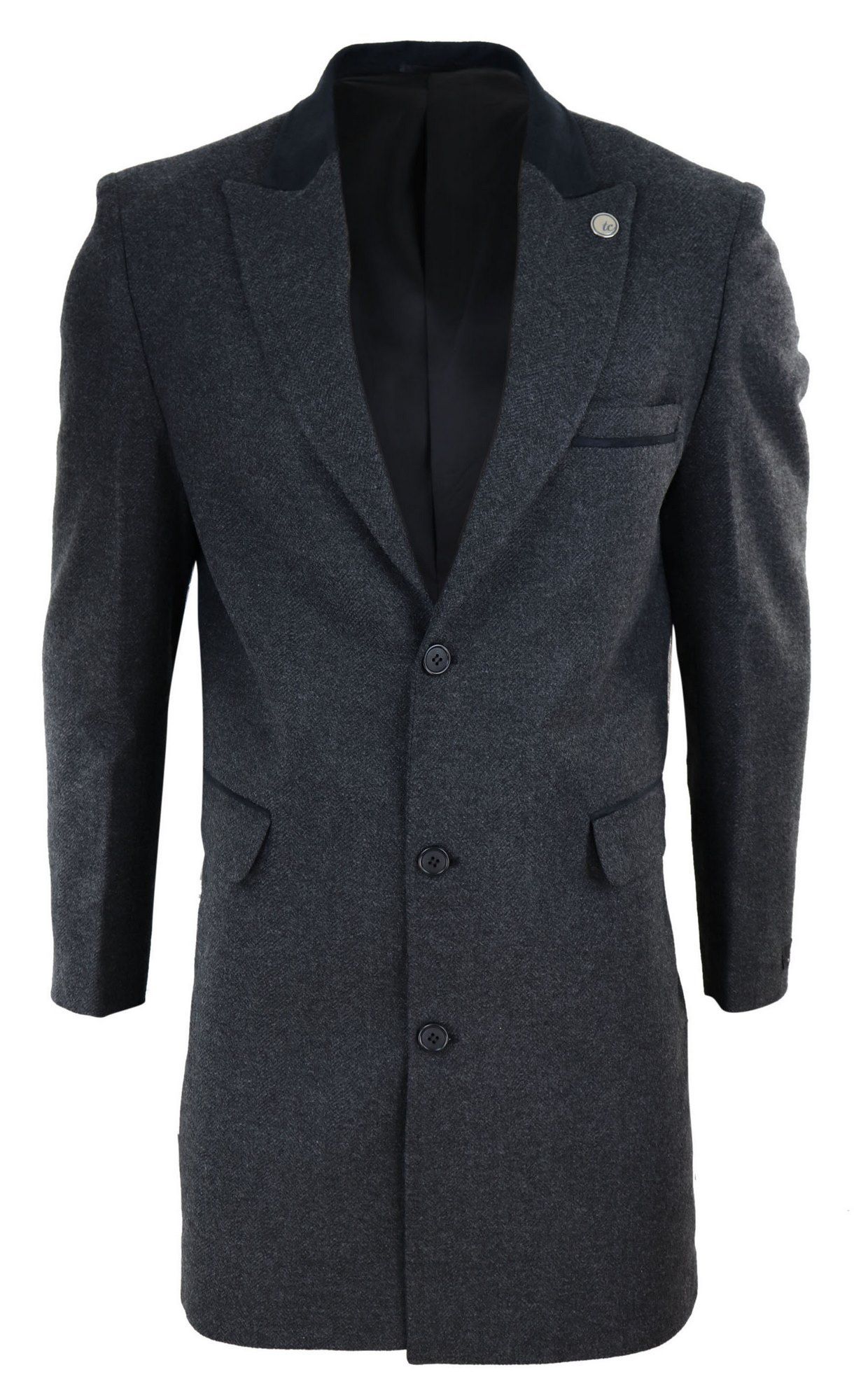 Fiskbensmönstrad Tweed 3/4 Lång Överrock - Antracitgrå