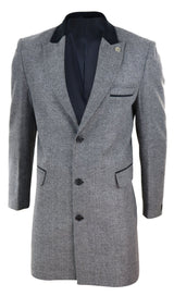 Fiskbensmönstrad tweed 3/4 lång överrock - Grå