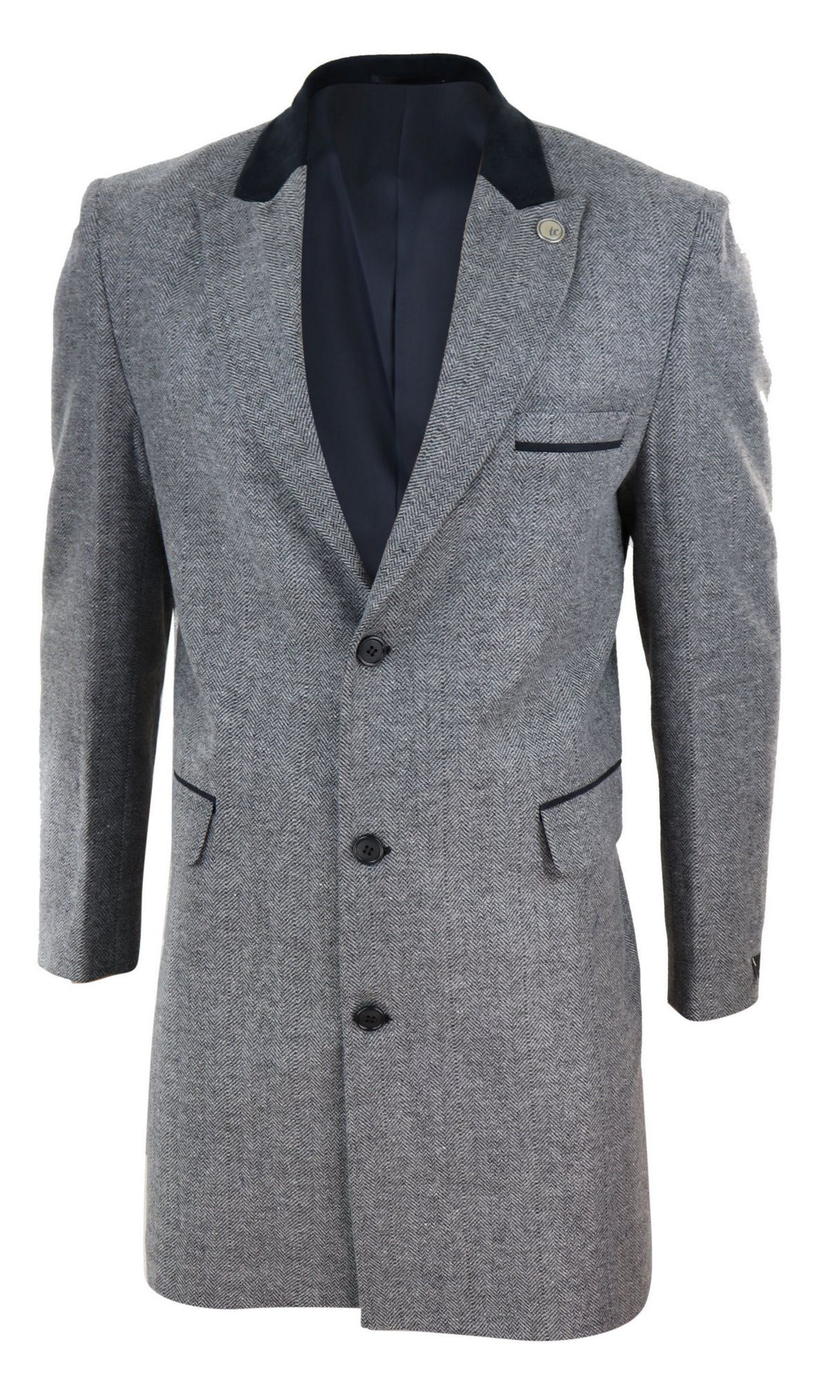 Fiskbensmönstrad tweed 3/4 lång överrock - Grå