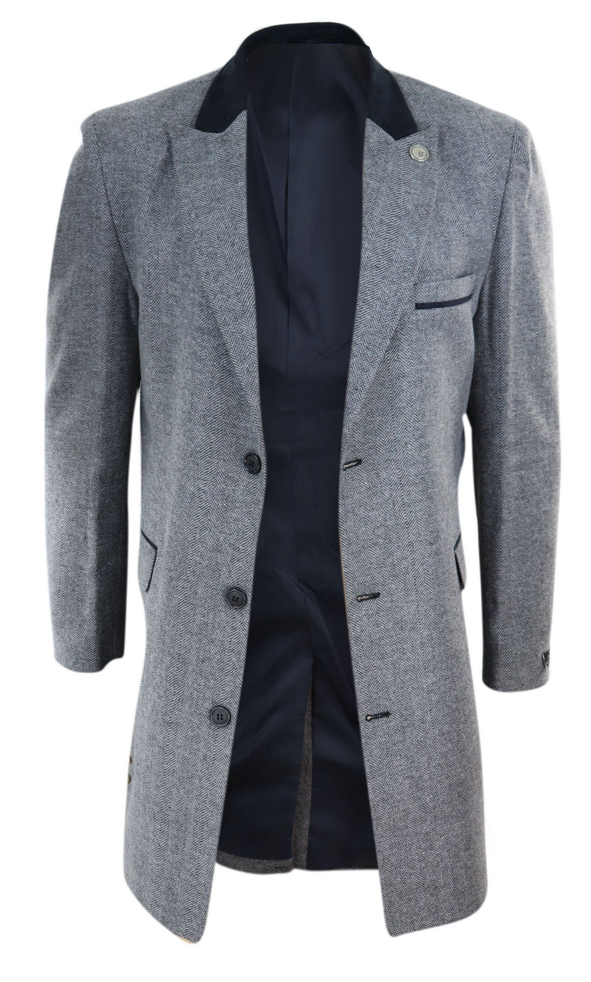 Fiskbensmönstrad tweed 3/4 lång överrock - Grå