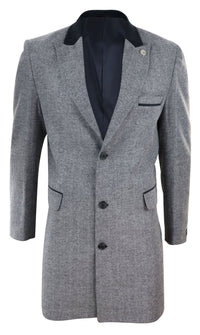 Fiskbensmönstrad tweed 3/4 lång överrock - Grå