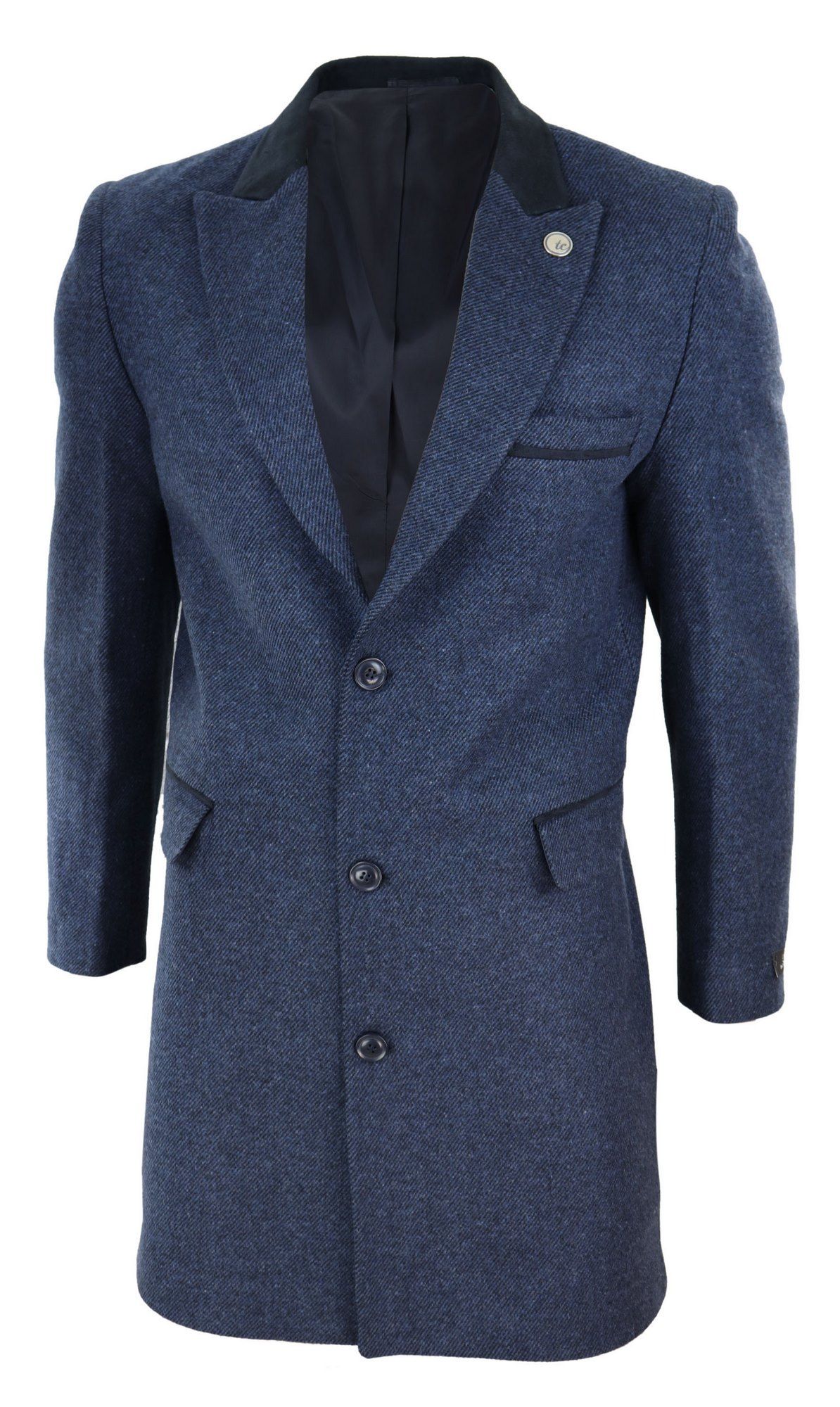 Fiskbensmönstrad tweed 3/4 lång överrock - Marinblå