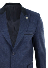 Fiskbensmönstrad tweed 3/4 lång överrock - Marinblå