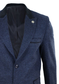 Fiskbensmönstrad tweed 3/4 lång överrock - Marinblå