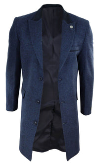 Fiskbensmönstrad tweed 3/4 lång överrock - Marinblå