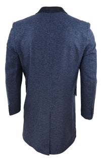 Fiskbensmönstrad tweed 3/4 lång överrock - Marinblå
