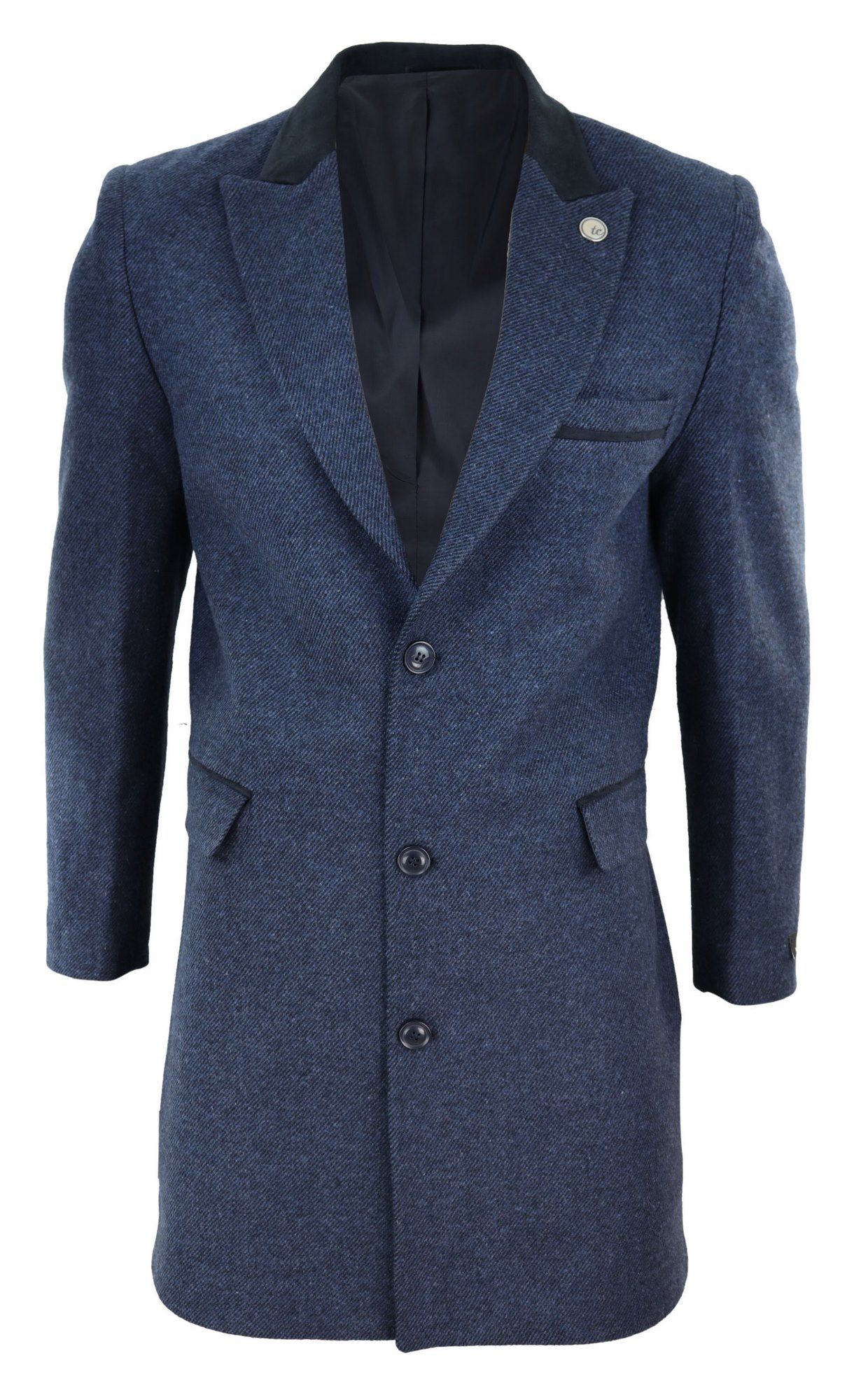 Fiskbensmönstrad tweed 3/4 lång överrock - Marinblå