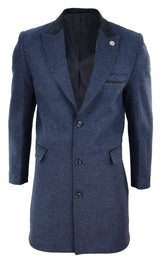 Fiskbensmönstrad tweed 3/4 lång överrock - Marinblå