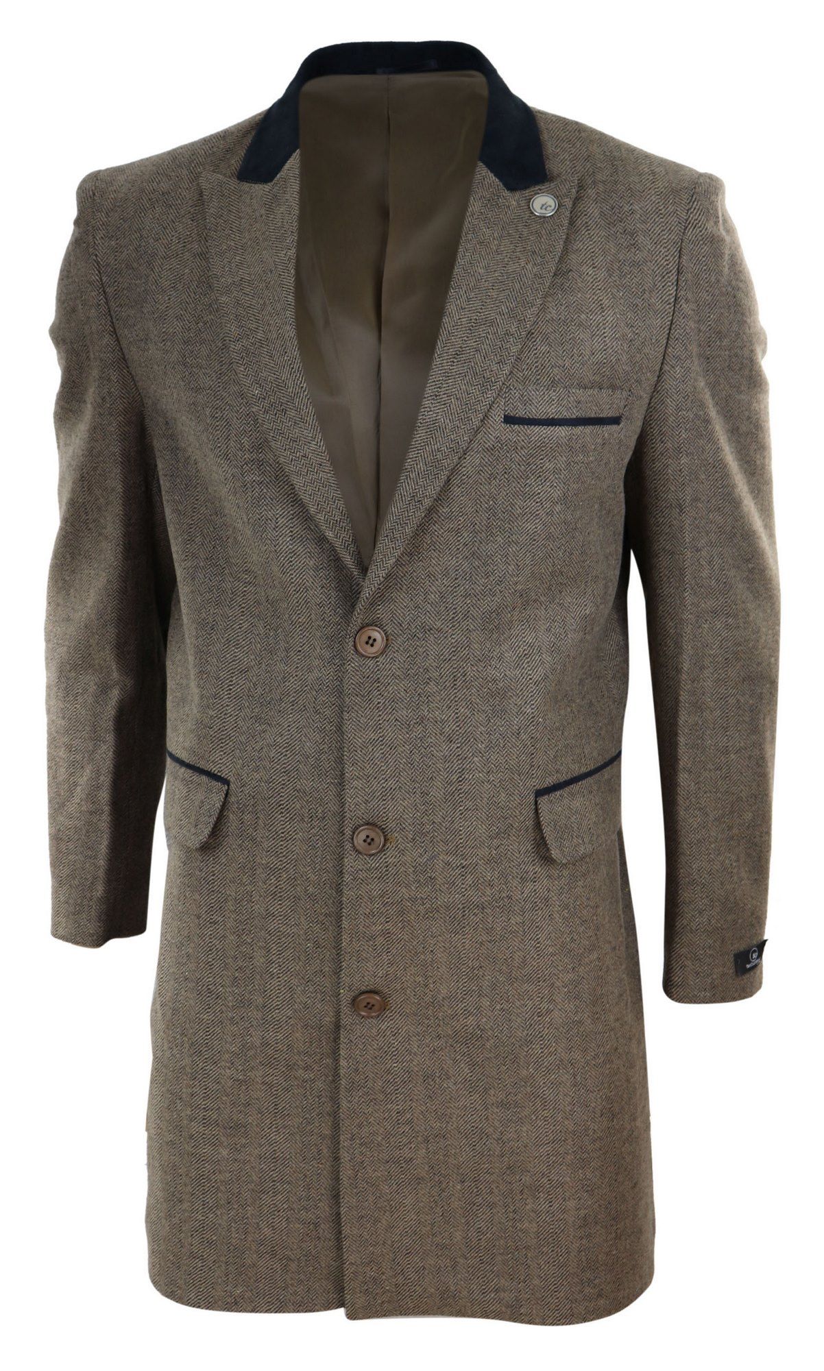 Fiskbensmönstrad Tweed 3/4 Lång Överrock - Ek