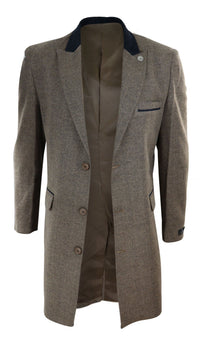Fiskbensmönstrad Tweed 3/4 Lång Överrock - Ek