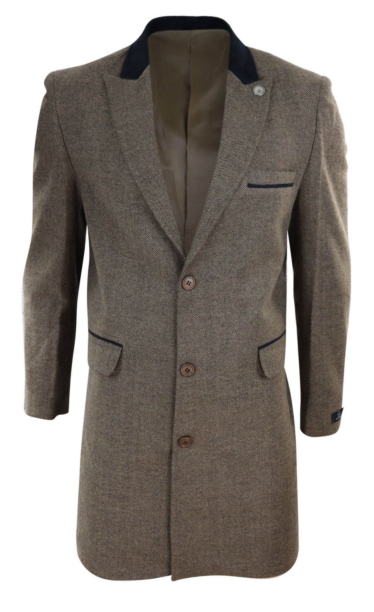 Fiskbensmönstrad Tweed 3/4 Lång Överrock - Ek
