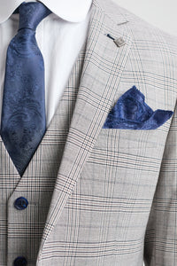 Hugo Ljusgrå 3-delad kostym för män med marinblå rutor och sammetsdetaljer