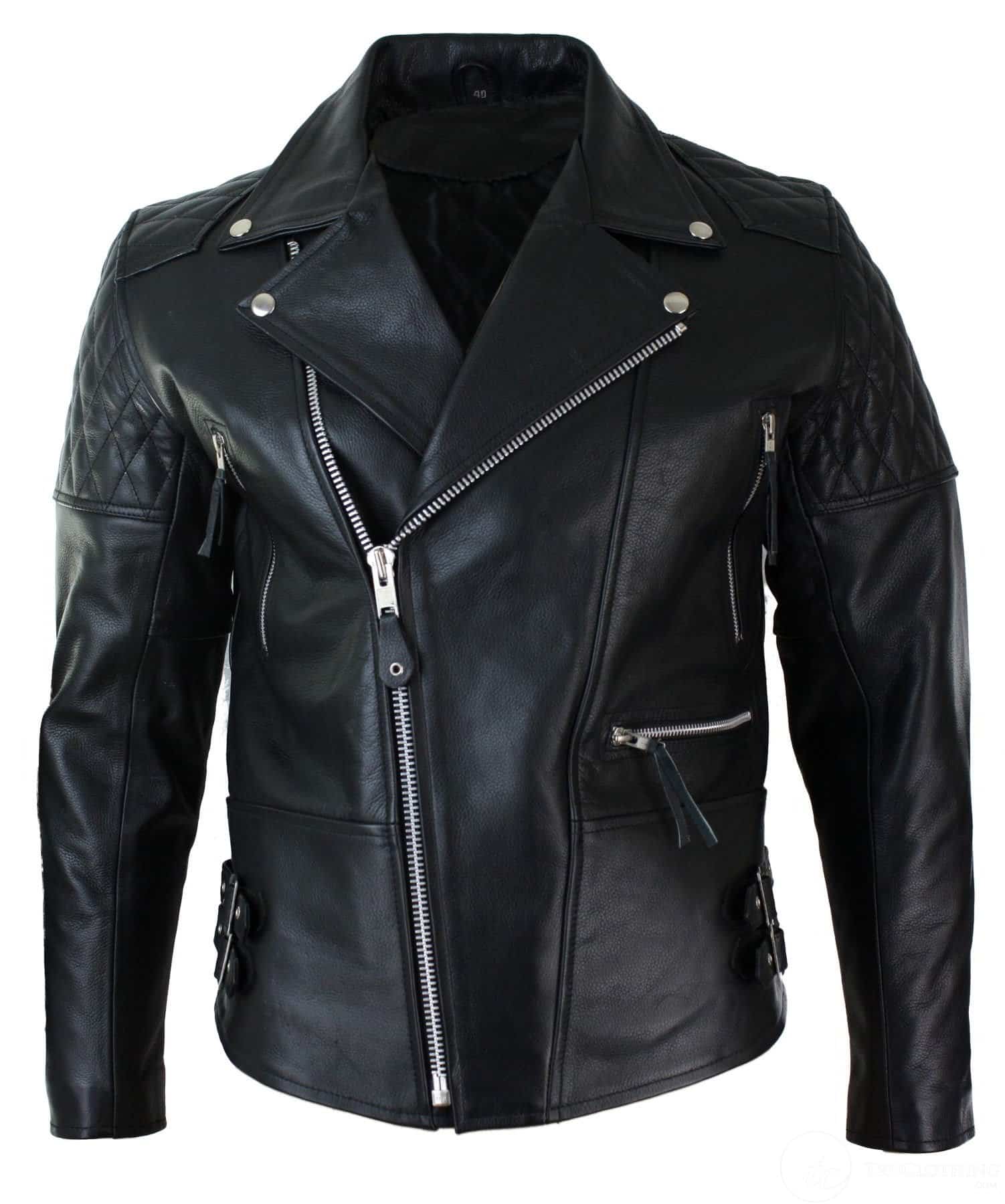 Äkta Läder Cross Zip Vadderad Kohud Herr Bikerjacka Vit Svart Brando Vintage-Svart