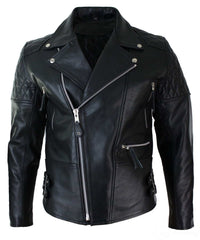 Äkta Läder Cross Zip Vadderad Kohud Herr Bikerjacka Vit Svart Brando Vintage-Svart