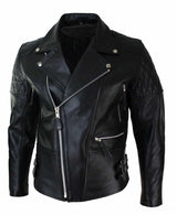 Äkta Läder Cross Zip Vadderad Kohud Herr Bikerjacka Vit Svart Brando Vintage-Svart