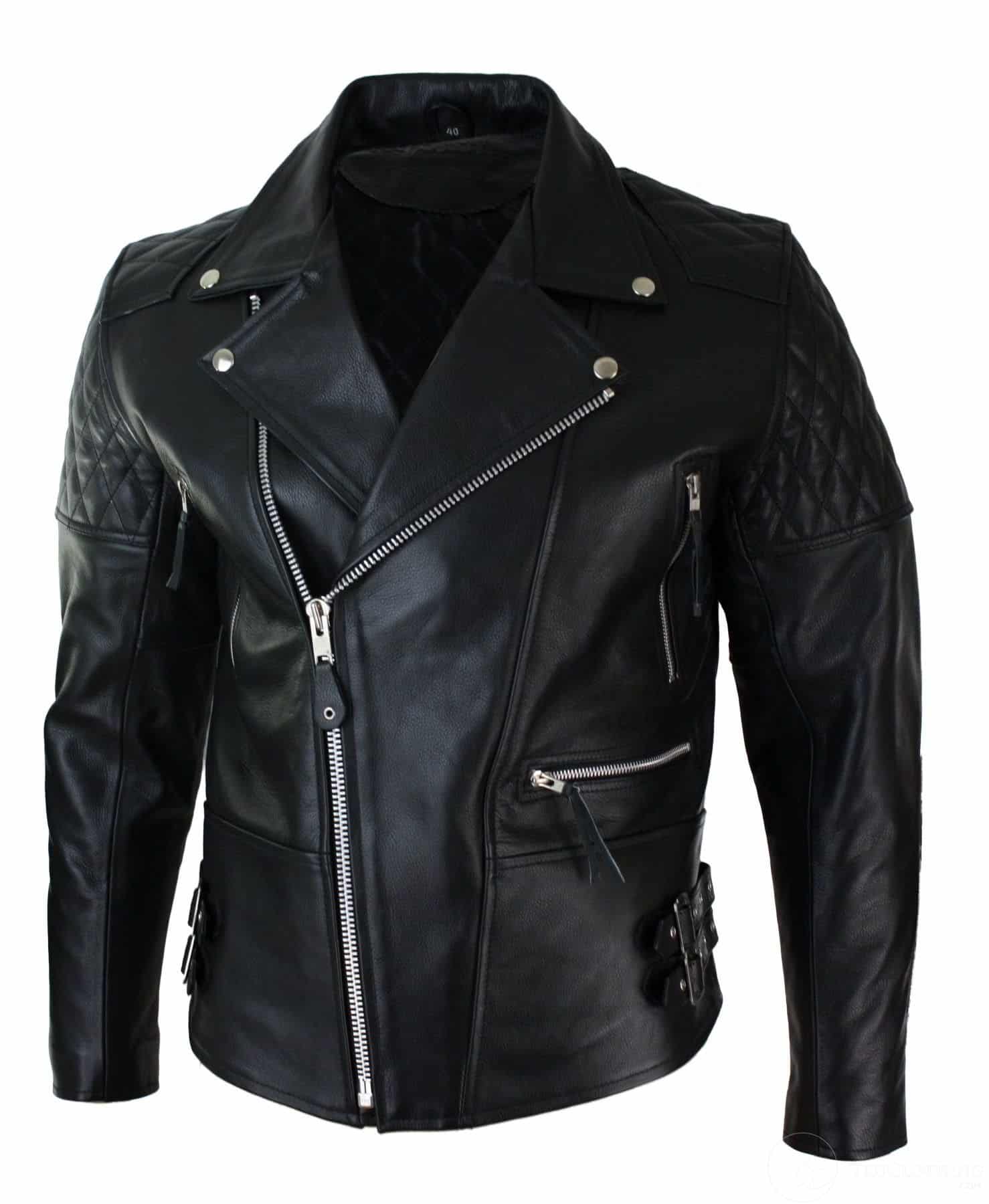 Äkta Läder Cross Zip Vadderad Kohud Herr Bikerjacka Vit Svart Brando Vintage-Svart
