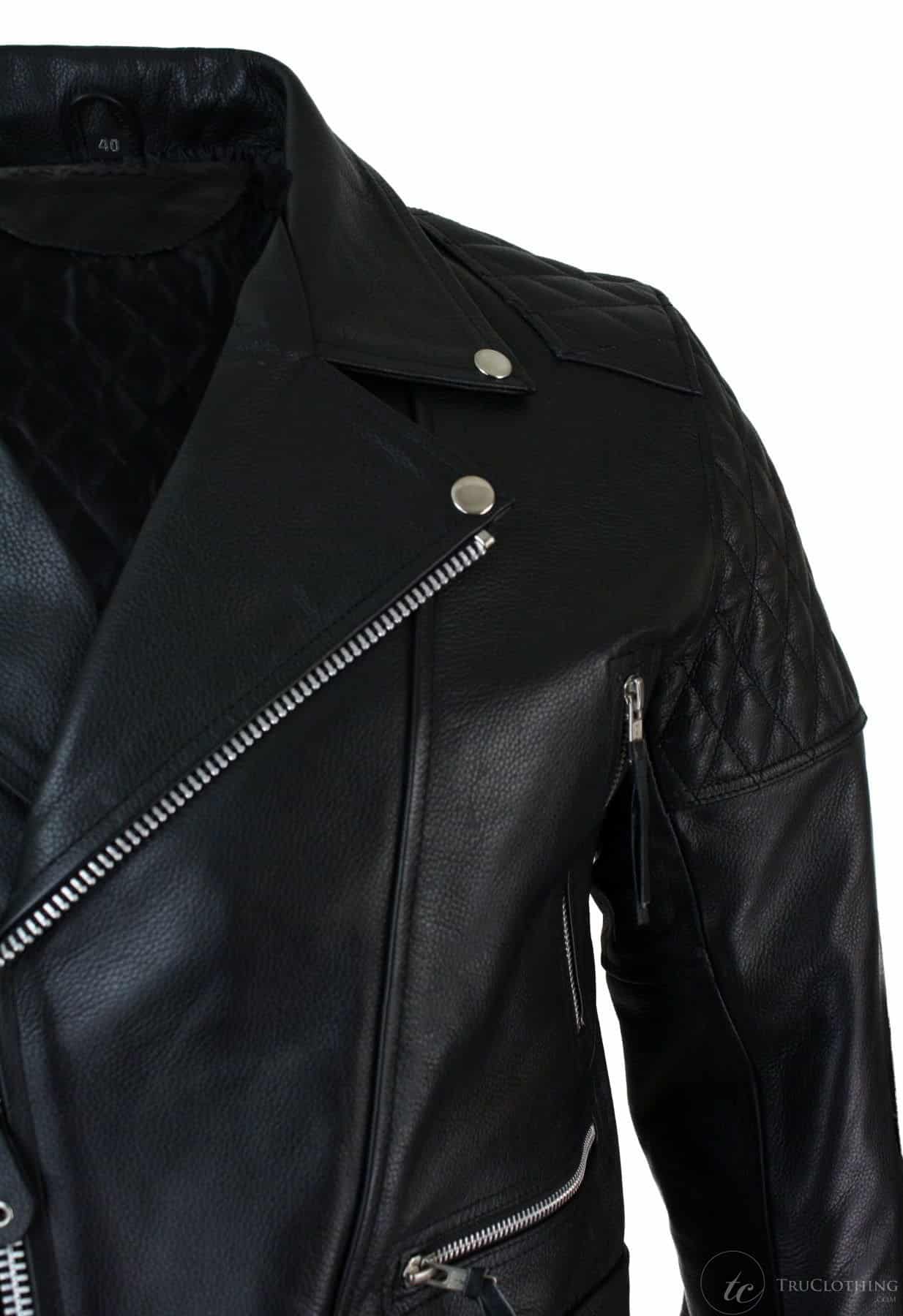 Äkta Läder Cross Zip Vadderad Kohud Herr Bikerjacka Vit Svart Brando Vintage-Svart