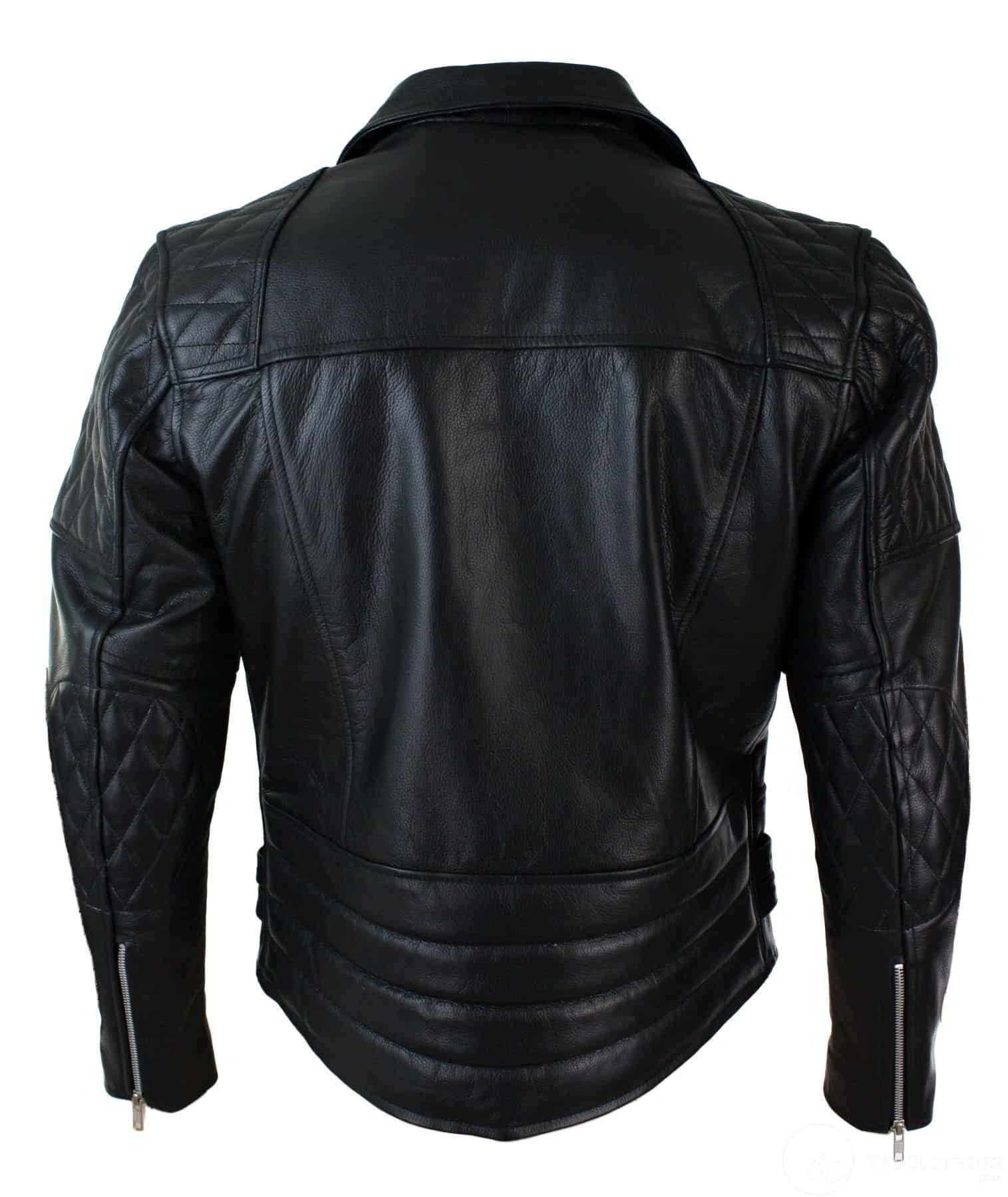 Äkta Läder Cross Zip Vadderad Kohud Herr Bikerjacka Vit Svart Brando Vintage-Svart