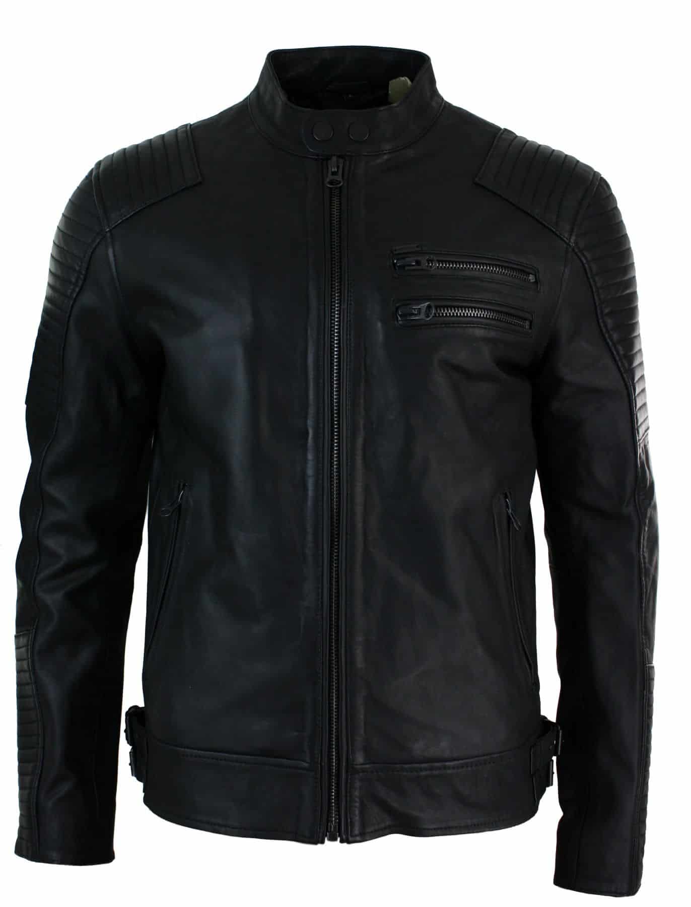 Äkta Läder Slim Fit Tvättad Svart Dragkedja Herr Bikerjacka Kort Casual