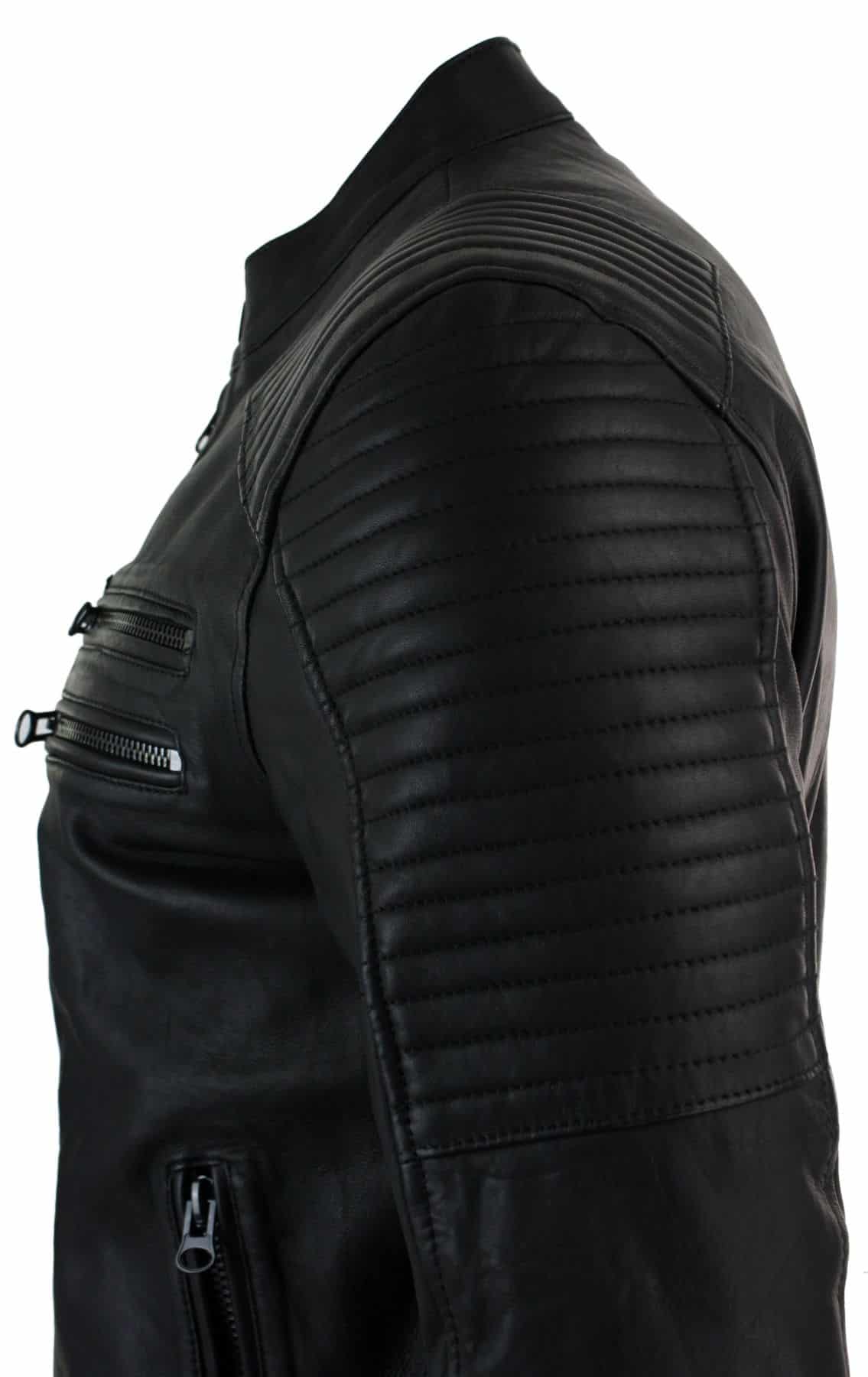 Äkta Läder Slim Fit Tvättad Svart Dragkedja Herr Bikerjacka Kort Casual