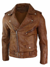 Äkta Läder Slim Fit Blågrön Cross Zip Herr Retro Vintage Brando Jacka Vintage