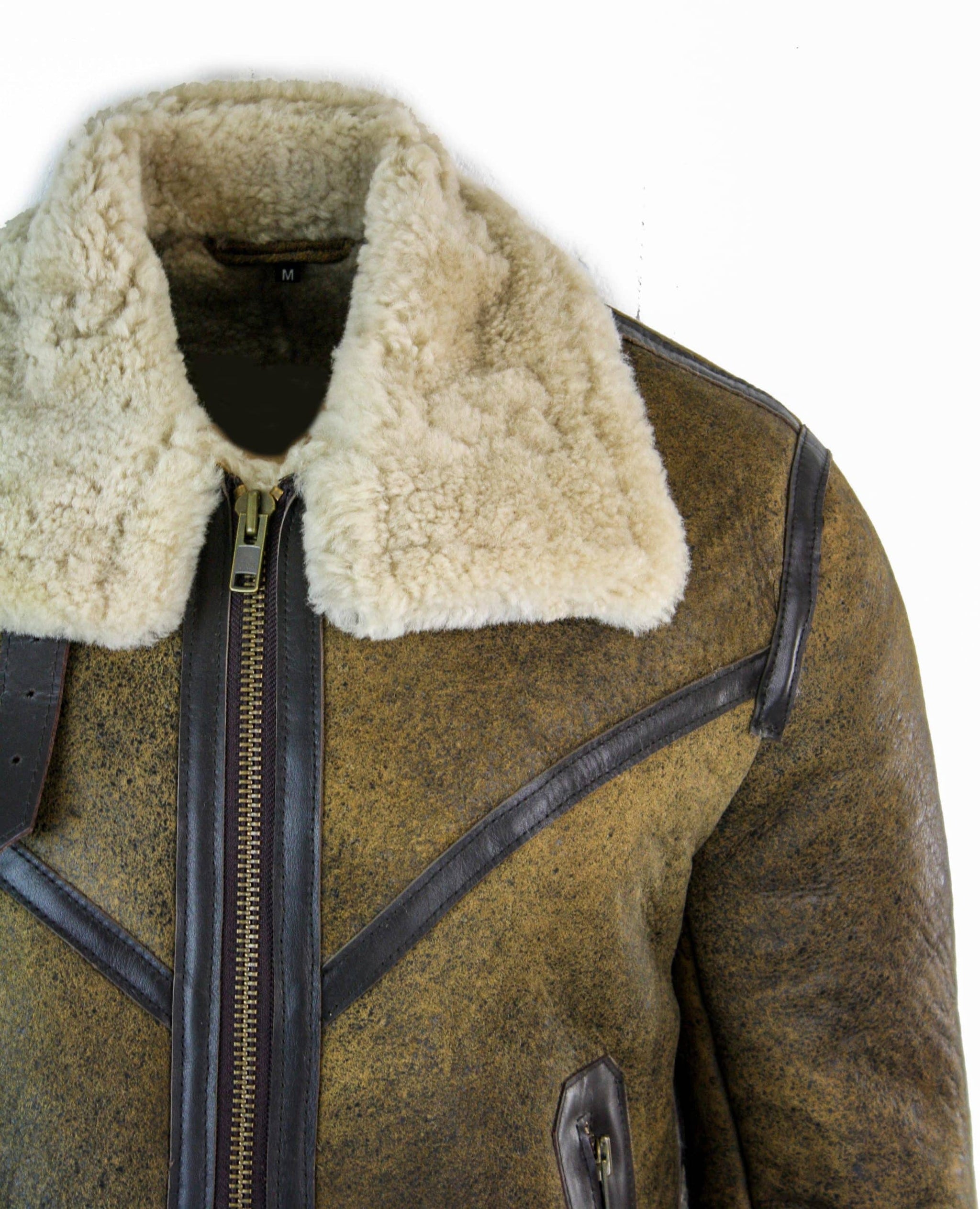 Infinity EK01 Herr Sherling Äkta Fårskinnsläder Viking Vintage RAF Jacka Brun Krämfärgad Päls