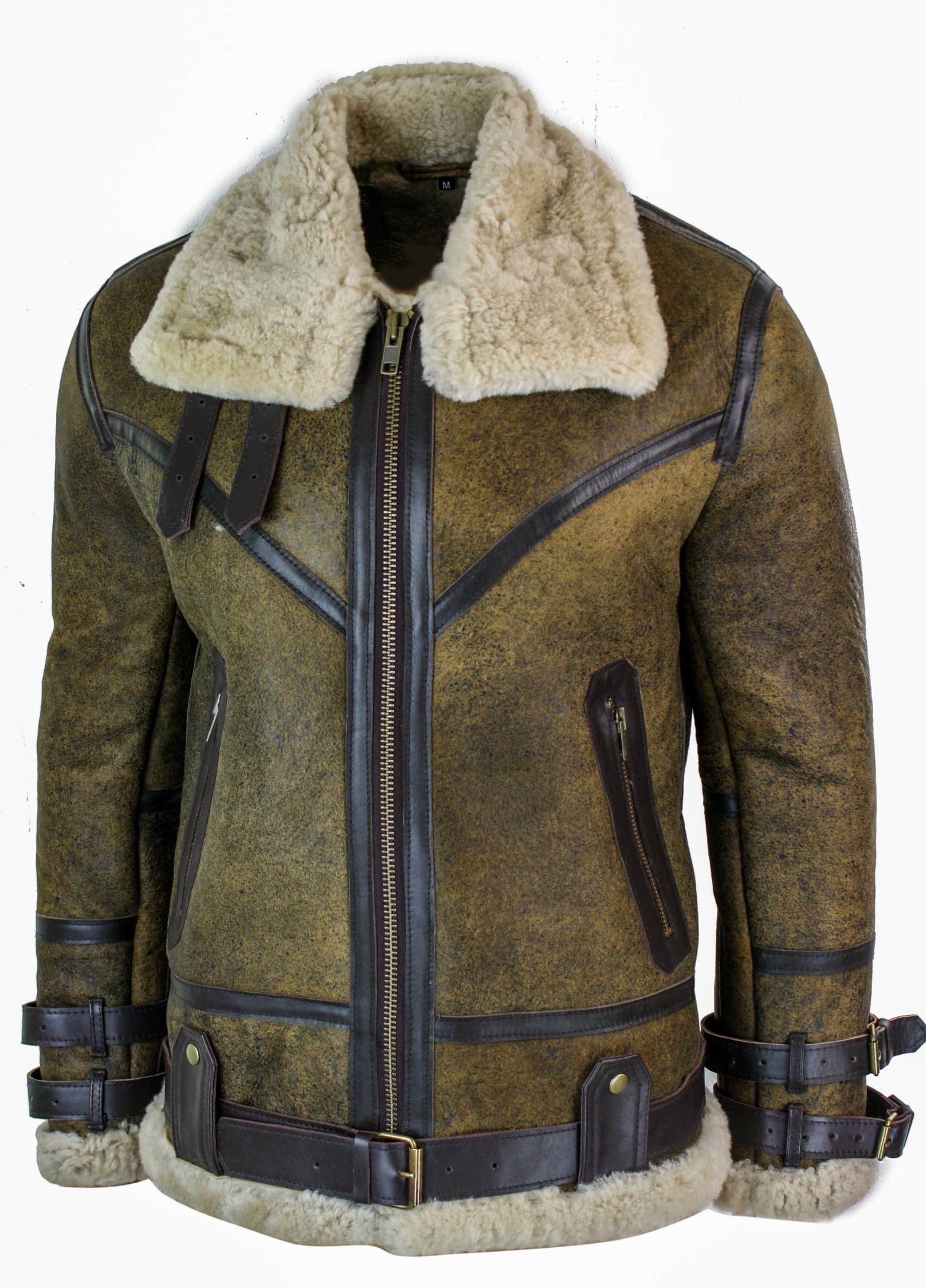 Infinity EK01 Herr Sherling Äkta Fårskinnsläder Viking Vintage RAF Jacka Brun Krämfärgad Päls