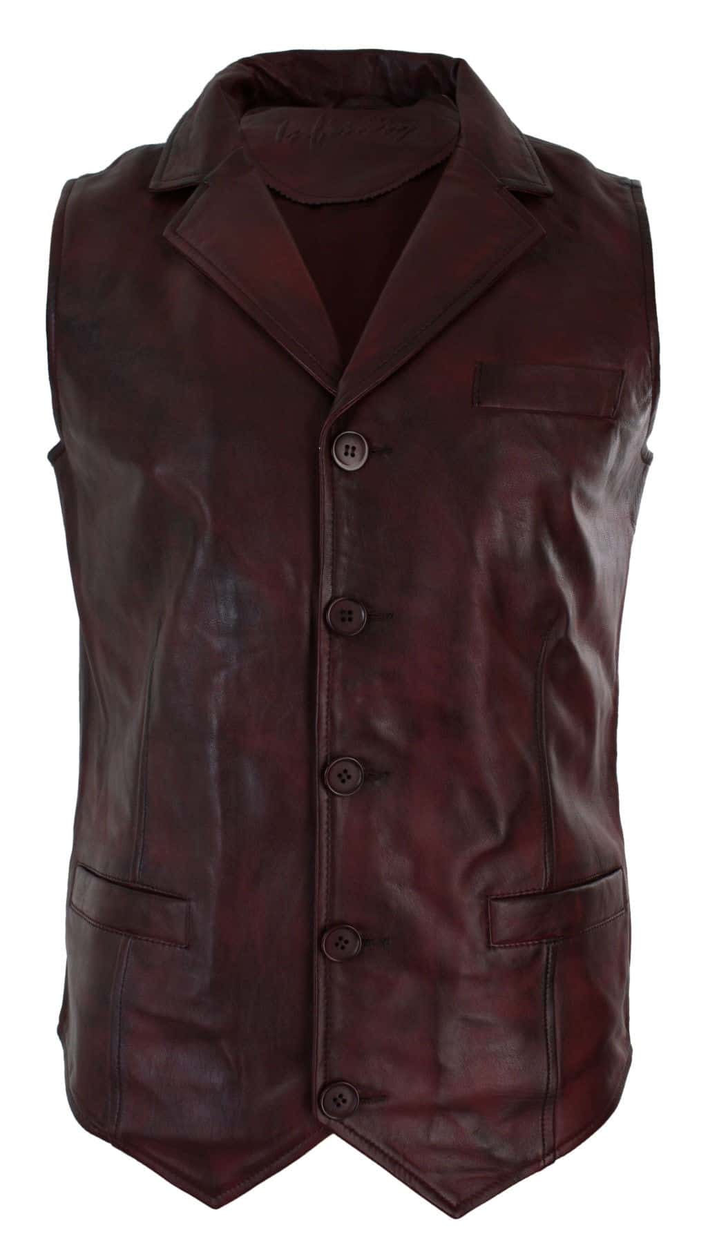 Herrväst i äkta läder, brunbrun, svart, elegant casual, vintage, retro-vinröd