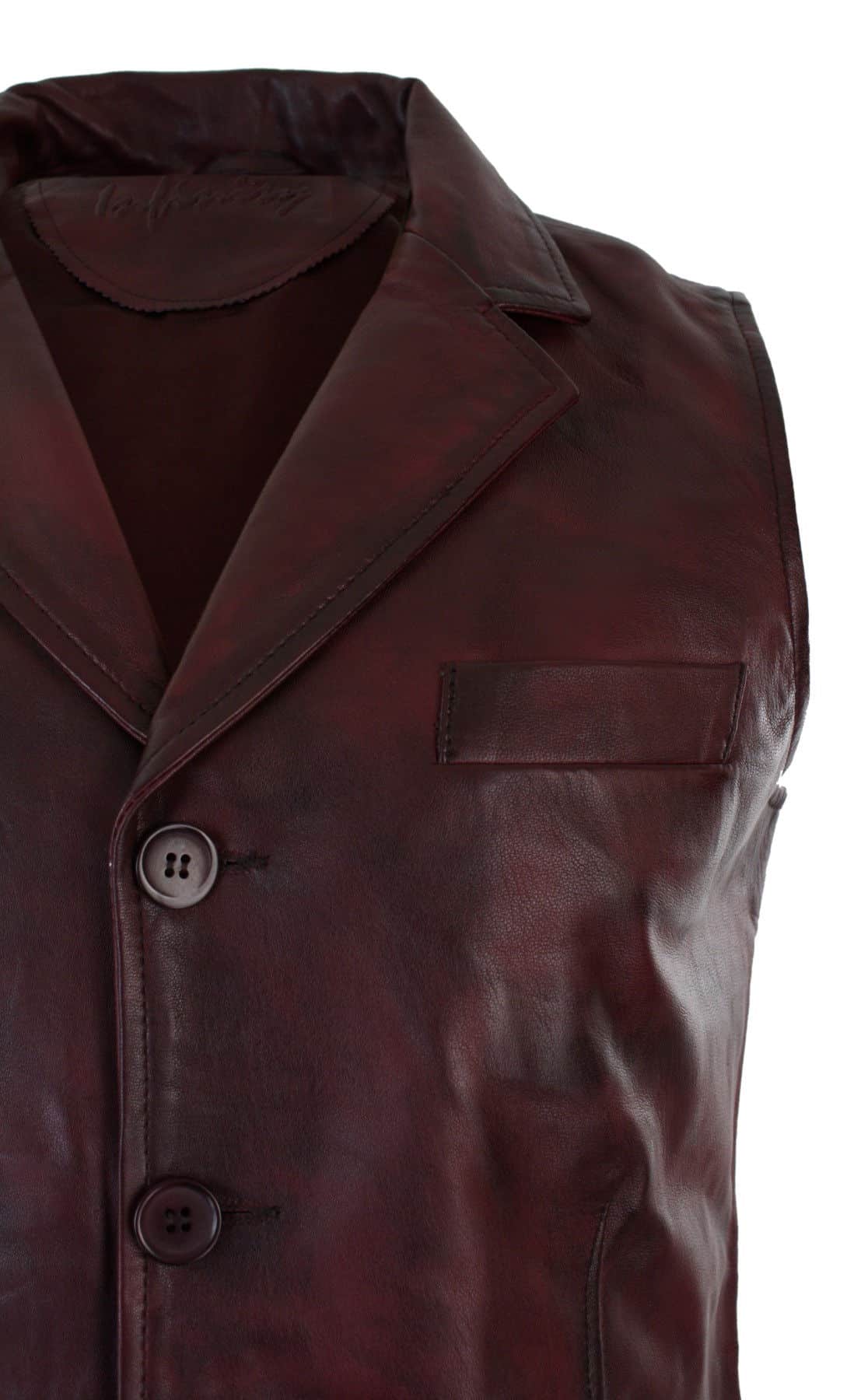 Herrväst i äkta läder, brunbrun, svart, elegant casual, vintage, retro-vinröd