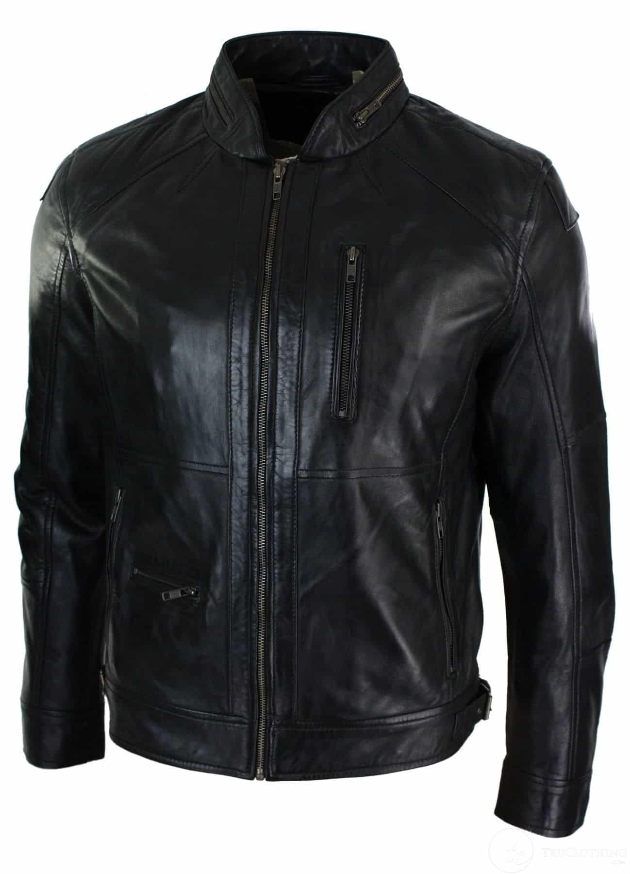 Äkta läderjacka med dragkedja i bikerstil, smart casual herrjacka, svart brun, olivgrön, urban-svart