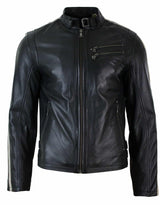 Äkta Läder Slim Fit Kort Herr Biker Racing Jacka Randiga Ärmar Blixtlås