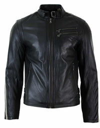 Äkta Läder Slim Fit Kort Herr Biker Racing Jacka Randiga Ärmar Blixtlås