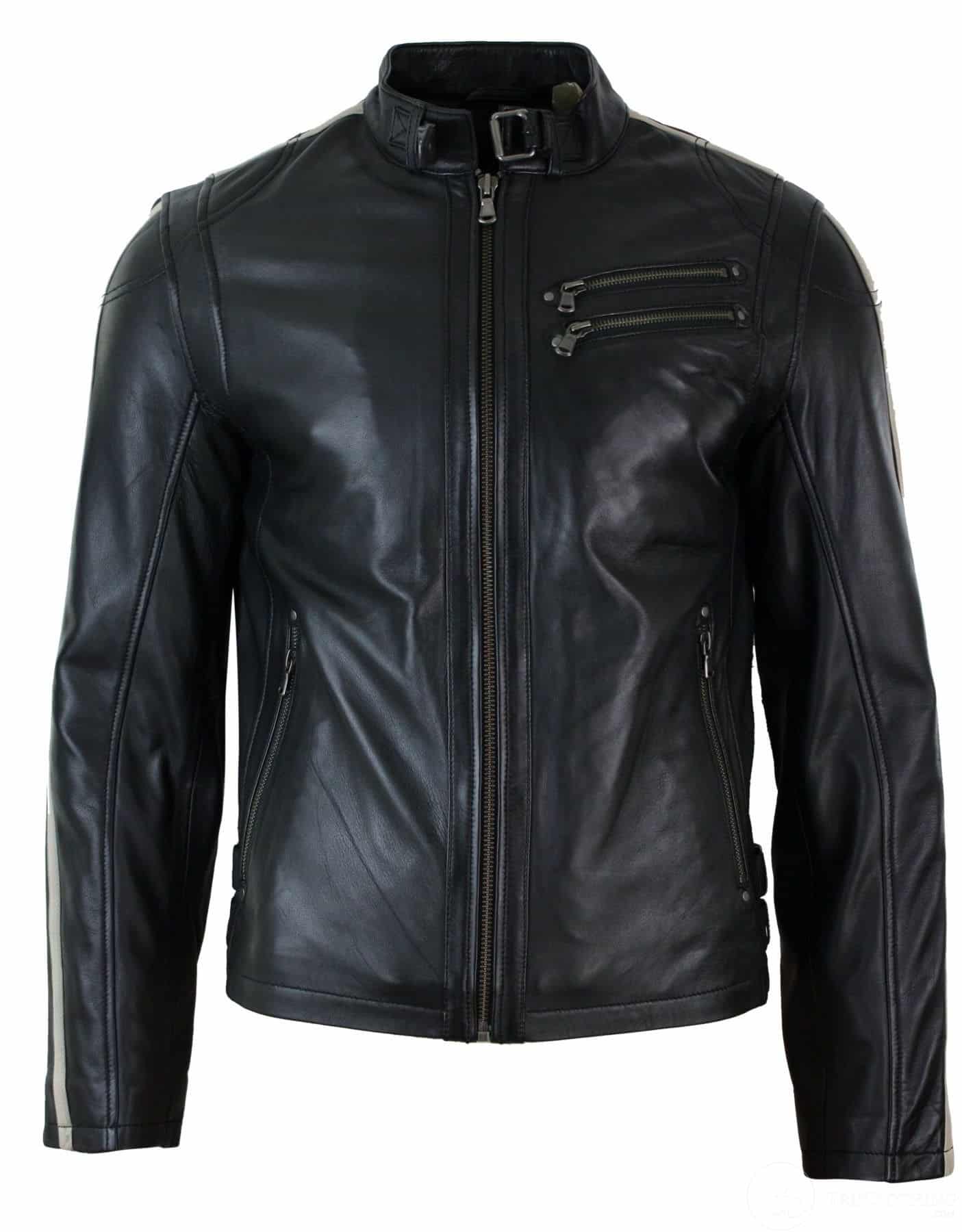 Äkta Läder Slim Fit Kort Herr Biker Racing Jacka Randiga Ärmar Blixtlås