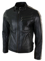 Äkta Läder Slim Fit Kort Herr Biker Racing Jacka Randiga Ärmar Blixtlås